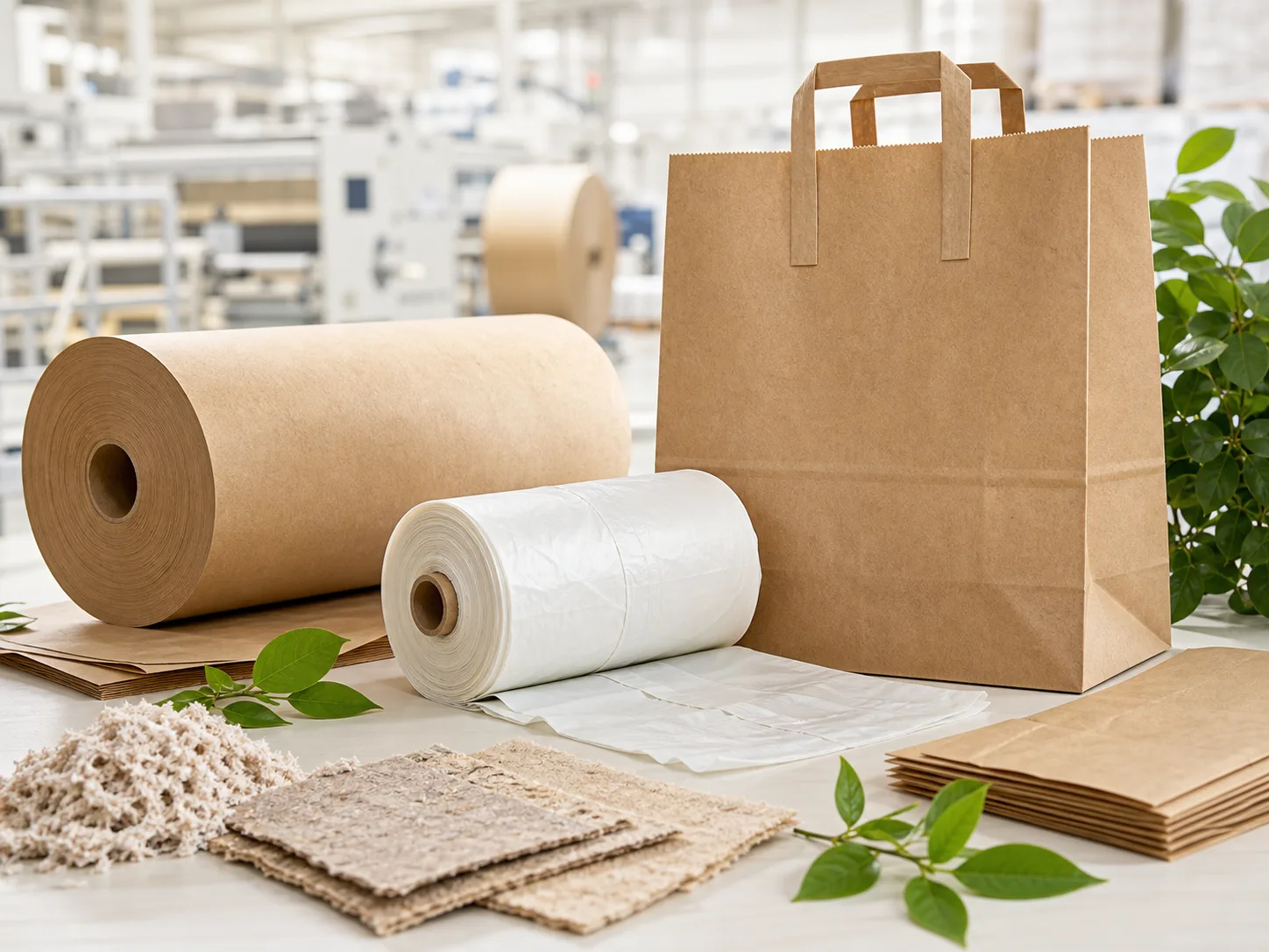 Recyclable kraft paper bags and compostable produce bag rolls with renewable fiber samples